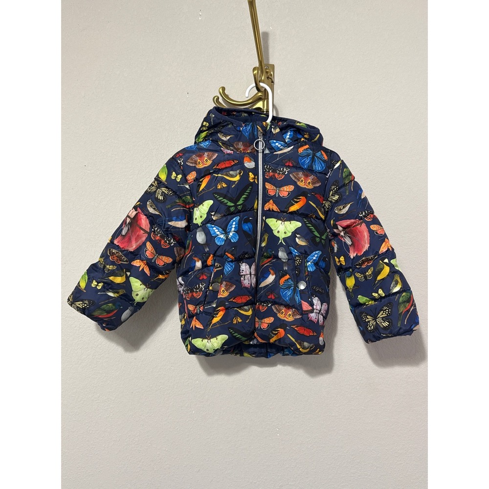H&M Kids x Kelzuki Puffer Jacket Kids 2-3Y Navy Blue Butterfly Bird Nature Print